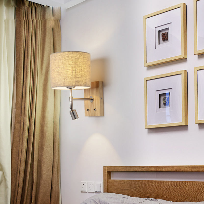 Traditional Vintage Rotatable Spotlight Cylinder Fabric Iron Solid Wood 2-Light Wall Sconce Lamp For Living Room