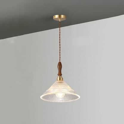 Traditional Japanese Semicircular Loudspeaker Ripple Glass Brass Wood 1-Light Pendant Light For Living Room