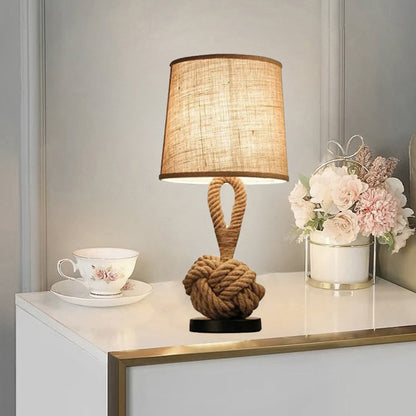 Contemporary Creative Nautical Twisted Rope Knot Drum Shape Fabric Iron 1-Light Table Lamp For Bedroom