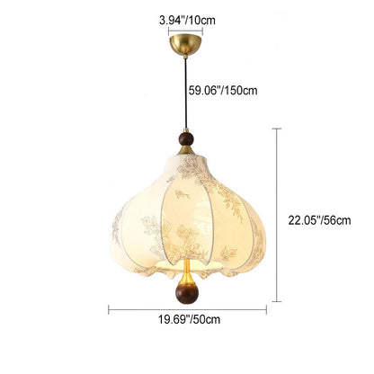 Traditional French Round Trapezoidal Flower Patterned Wood Fabric 1/3/5 - Light Pendant Light For Living Room