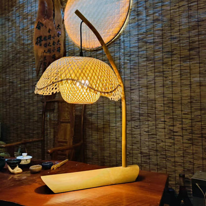 Contemporary Boho Lotus Shape Bamboo 1-Light Table Lamp For Bedroom