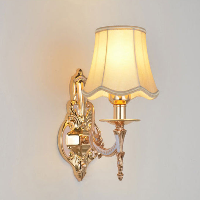 Traditional European Hardware Fabric Flower Cylinder Shade 1/2-Light Wall Sconce Lamp For Living Room