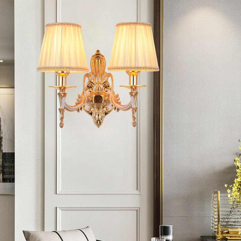 Traditional European Hardware Fabric Flower Cylinder Shade 1/2-Light Wall Sconce Lamp For Living Room