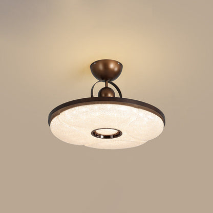 Traditional Chinese Round Drum Shape Acrylic Iron LED Semi-Flush Mount Ceiling Light For Bedroom