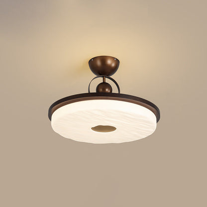 Traditional Chinese Round Drum Shape Acrylic Iron LED Semi-Flush Mount Ceiling Light For Bedroom