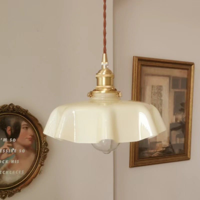 Traditional Vintage Brass Glass Petal 1-Light Pendant Light For Dining Room