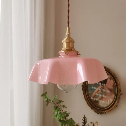 Traditional Vintage Brass Glass Petal 1-Light Pendant Light For Dining Room