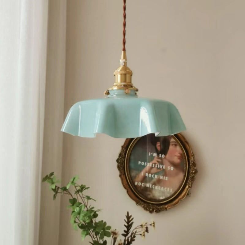 Traditional Vintage Brass Glass Petal 1-Light Pendant Light For Dining Room