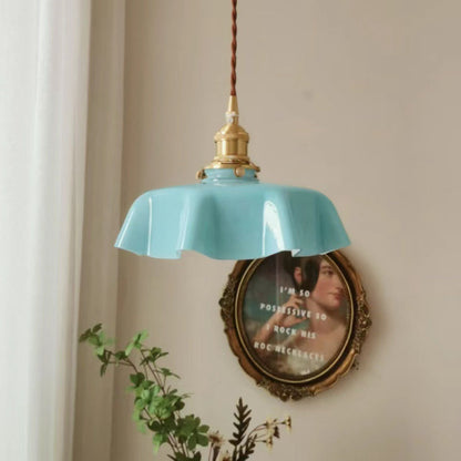 Traditional Vintage Brass Glass Petal 1-Light Pendant Light For Dining Room