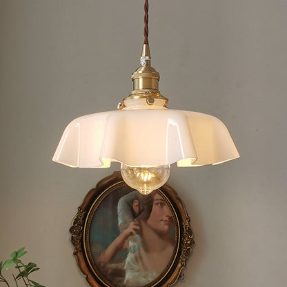 Traditional Vintage Brass Glass Petal 1-Light Pendant Light For Dining Room