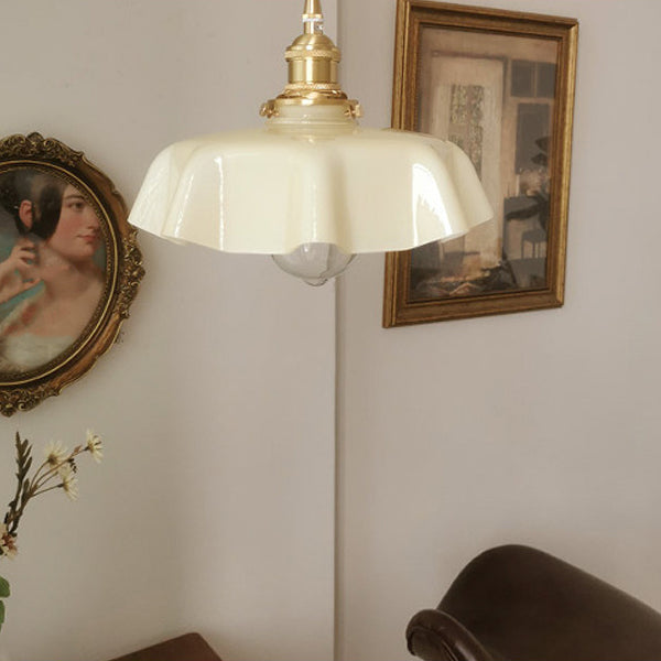 Traditional Vintage Brass Glass Petal 1-Light Pendant Light For Dining Room