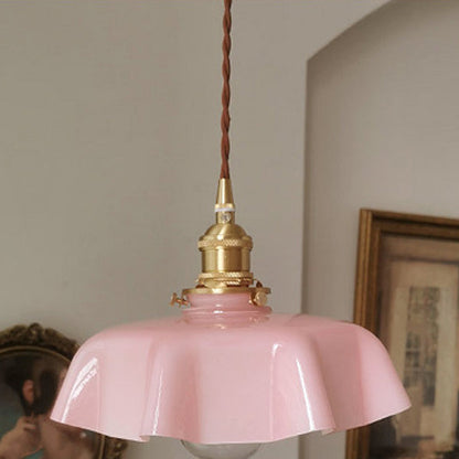 Traditional Vintage Brass Glass Petal 1-Light Pendant Light For Dining Room