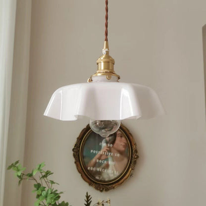 Traditional Vintage Brass Glass Petal 1-Light Pendant Light For Dining Room