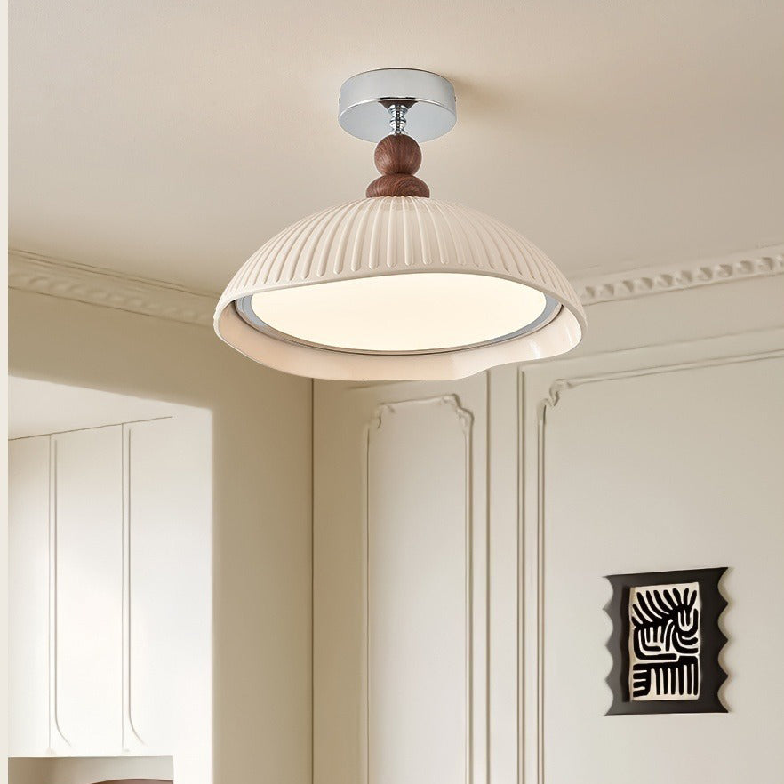 Traditional Vintage Iron Resin Stripe Dome Eggshell LED Semi-Flush Mount Ceiling Light For Living Room