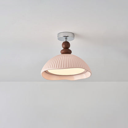 Traditional Vintage Iron Resin Stripe Dome Eggshell LED Semi-Flush Mount Ceiling Light For Living Room