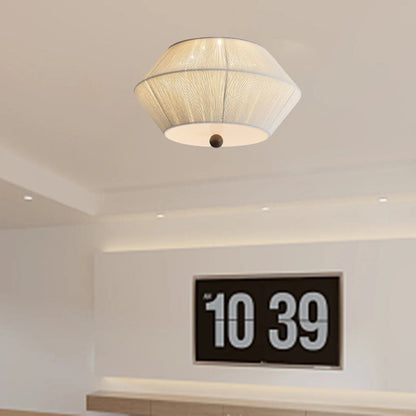 Traditional French Wood Hemp Rope Flying Saucer 3-Light Flush Mount Ceiling Light For Bedroom