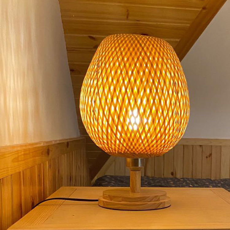 Traditional Japanese Round Base Hand Knitted Weaving Bamboo Wood Metal 1-Light Table Lamp For Bedroom