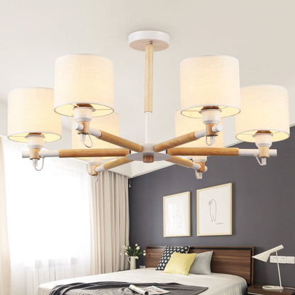 Contemporary Nordic Drum Shape Fabric Wood 6-Lights Chandelier For Living Room