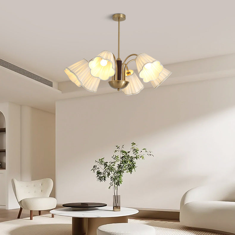 Traditional French Branch Flower Fabric Iron Wood 5/6/8 -Light Chandelier For Living Room
