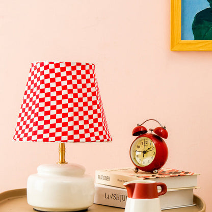 Contemporary Nordic Ceramic Fabric Colorful Plaid Pattern Drum Shape 1-Light Table Lamp For Bedroom