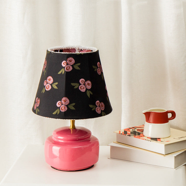 Contemporary Nordic Ceramic Fabric Colorful Plaid Pattern Drum Shape 1-Light Table Lamp For Bedroom