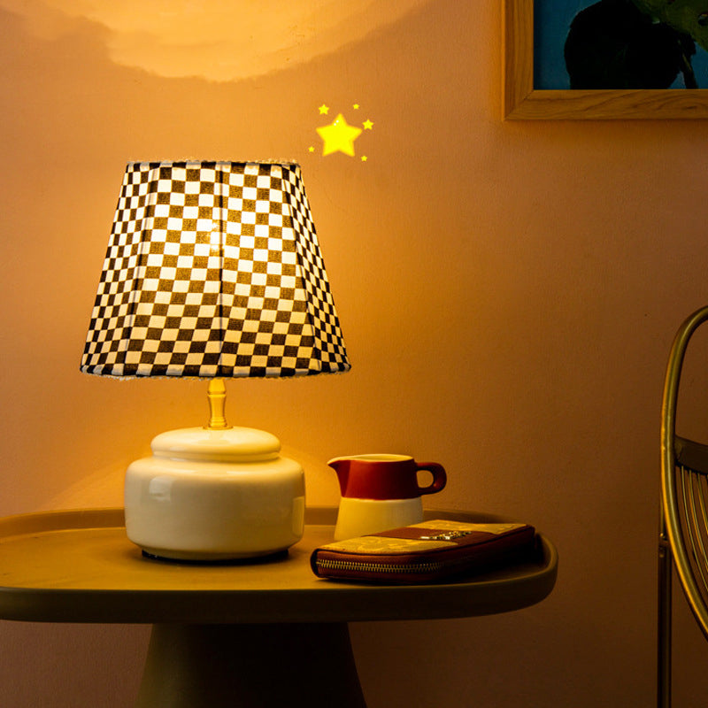 Contemporary Nordic Ceramic Fabric Colorful Plaid Pattern Drum Shape 1-Light Table Lamp For Bedroom