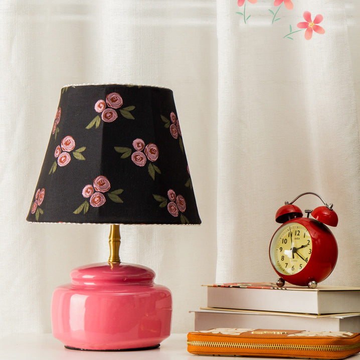 Contemporary Nordic Ceramic Fabric Colorful Plaid Pattern Drum Shape 1-Light Table Lamp For Bedroom