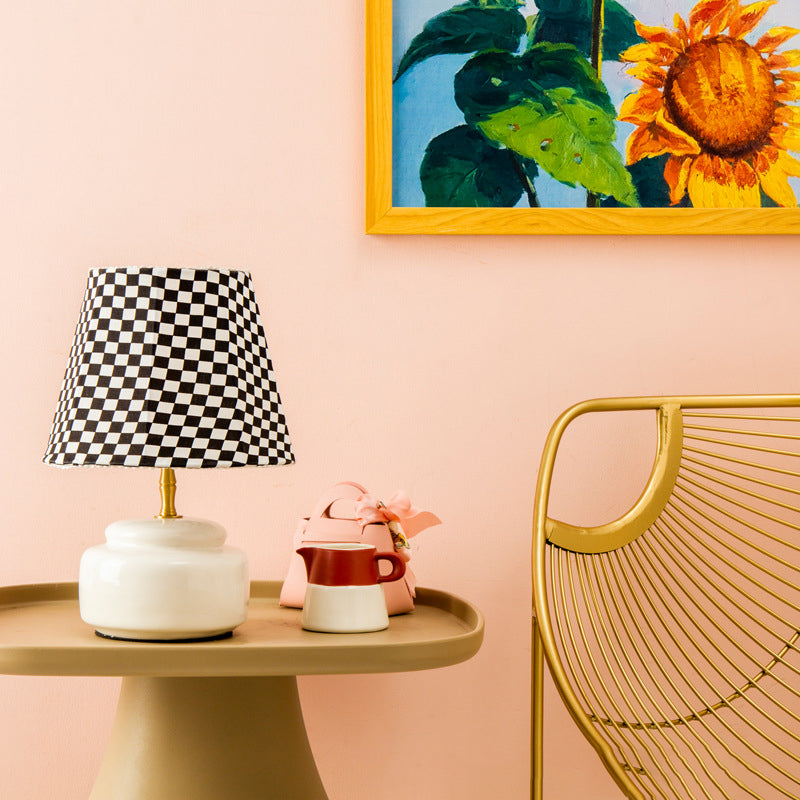 Contemporary Nordic Ceramic Fabric Colorful Plaid Pattern Drum Shape 1-Light Table Lamp For Bedroom