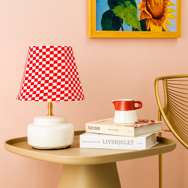 Contemporary Nordic Ceramic Fabric Colorful Plaid Pattern Drum Shape 1-Light Table Lamp For Bedroom