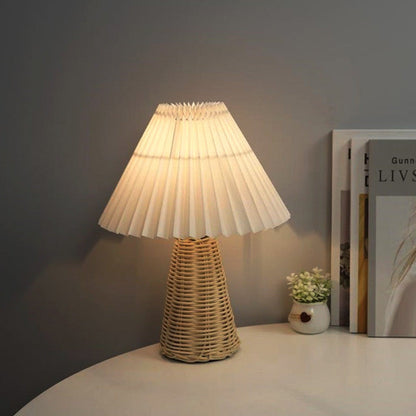 Contemporary Boho Pleated Drum Fabric Rattan LED Table Lamp For Bedroom