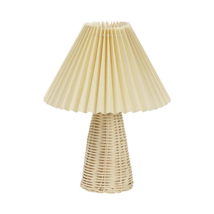 Contemporary Boho Pleated Drum Fabric Rattan LED Table Lamp For Bedroom