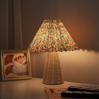 Contemporary Boho Pleated Drum Fabric Rattan LED Table Lamp For Bedroom