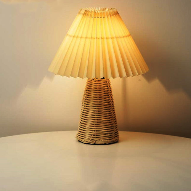 Contemporary Boho Pleated Drum Fabric Rattan LED Table Lamp For Bedroom