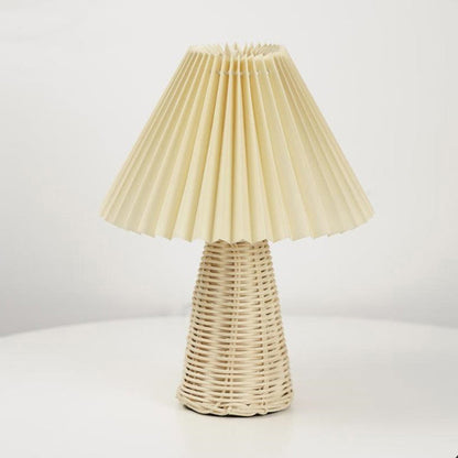 Contemporary Boho Pleated Drum Fabric Rattan LED Table Lamp For Bedroom