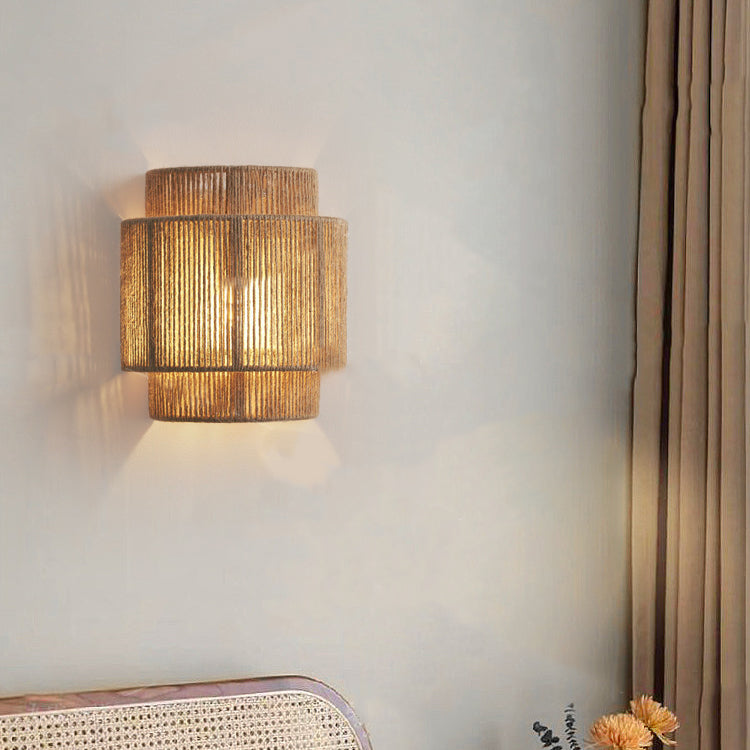 Contemporary Boho Iron Hemp Rope Half Cylinder 1-Light Wall Sconce Lamp For Bedroom