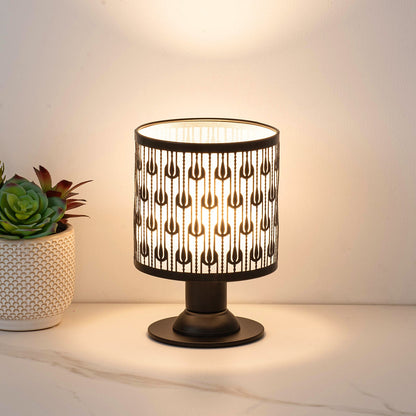 Contemporary Creative Iron Fabric Cylinder Flower Pattern USB LED Table Lamp For Bedroom