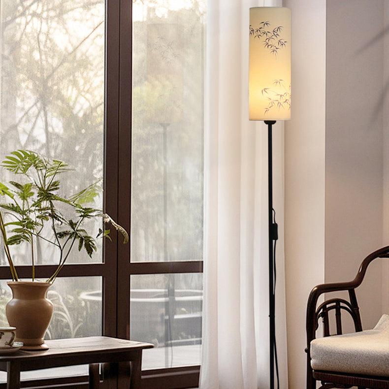 Traditional Chinese Iron Fabric Column Shape Bamboo Pattern Tall 1-Light Standing Floor Lamp For Living Room