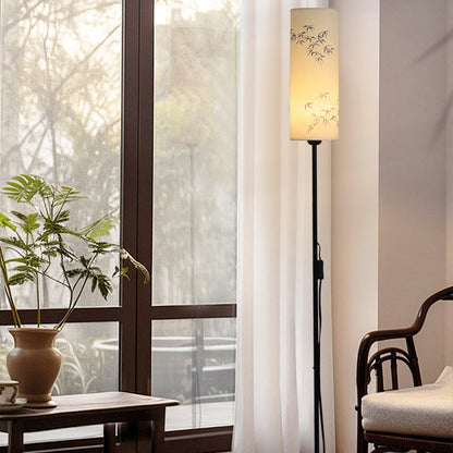 Traditional Chinese Iron Fabric Column Shape Bamboo Pattern Tall 1-Light Standing Floor Lamp For Living Room