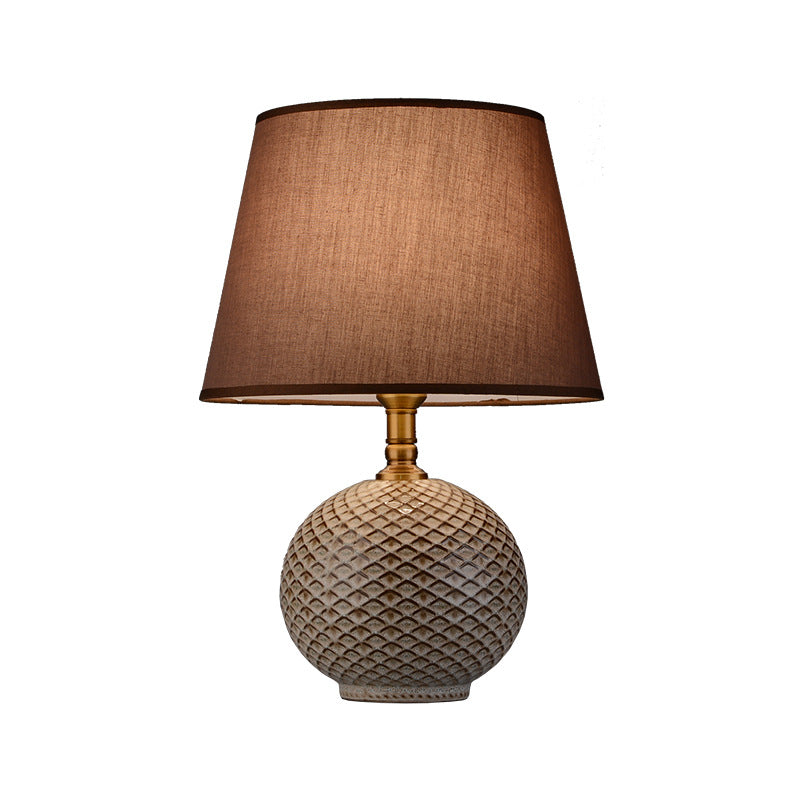 Traditional Vintage Round Base Drum Shape Ceramic Brass Fabric 1-Light Table Lamp For Living Room