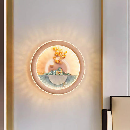 Modern Art Deco Round Fortune Deer Ginkgo Leaf Mural Iron Acrylic LED Wall Sconce Lamp For Living Room