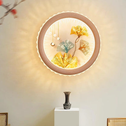 Modern Art Deco Round Fortune Deer Ginkgo Leaf Mural Iron Acrylic LED Wall Sconce Lamp For Living Room