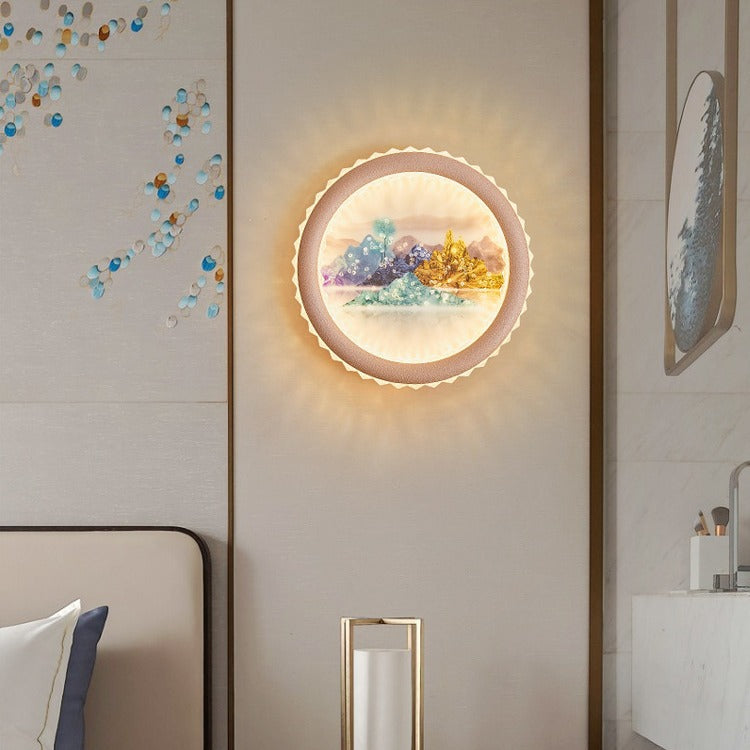 Modern Art Deco Round Fortune Deer Ginkgo Leaf Mural Iron Acrylic LED Wall Sconce Lamp For Living Room