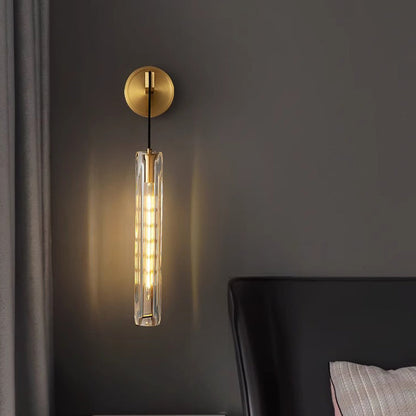 Modern Luxury Brass Crystal Column 1-Light Wall Sconce Lamp For Bedroom