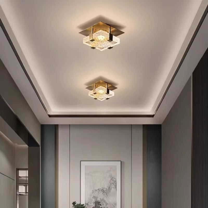 Modern Luxury Cube Water Pattern Stainless Steel Glass LED Semi-Flush Mount Ceiling Light For Living Room
