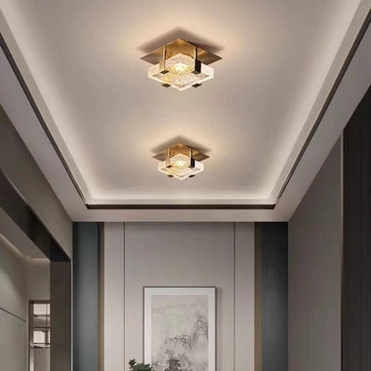 Modern Luxury Cube Water Pattern Stainless Steel Glass LED Semi-Flush Mount Ceiling Light For Living Room