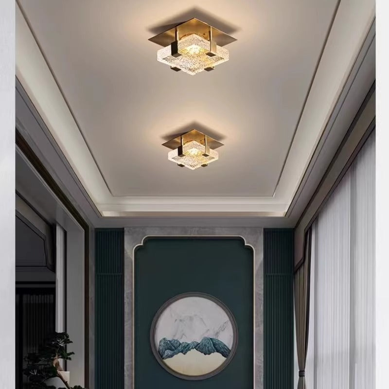 Modern Luxury Cube Water Pattern Stainless Steel Glass LED Semi-Flush Mount Ceiling Light For Living Room