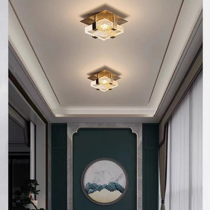 Modern Luxury Cube Water Pattern Stainless Steel Glass LED Semi-Flush Mount Ceiling Light For Living Room