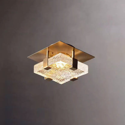 Modern Luxury Cube Water Pattern Stainless Steel Glass LED Semi-Flush Mount Ceiling Light For Living Room