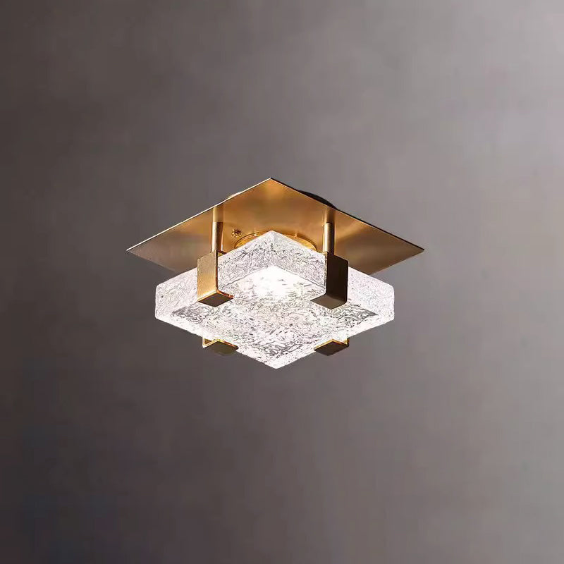 Modern Luxury Cube Water Pattern Stainless Steel Glass LED Semi-Flush Mount Ceiling Light For Living Room