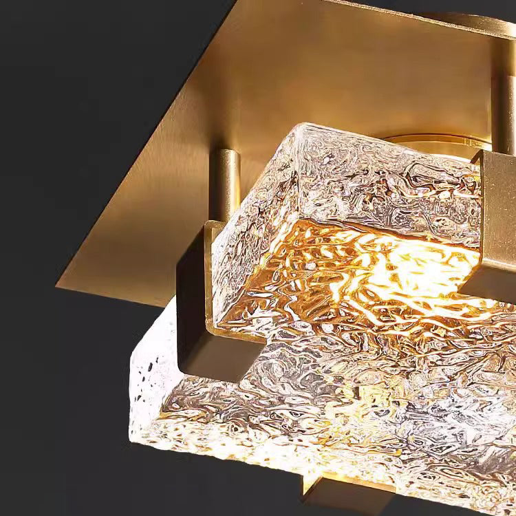 Modern Luxury Cube Water Pattern Stainless Steel Glass LED Semi-Flush Mount Ceiling Light For Living Room
